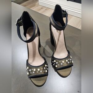 Mix No. 6 Ankle Strap Block Heels, Olive Green With Pearls And Studs 8.5